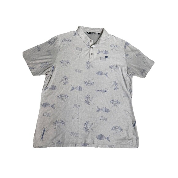 Travis Mathew Polo Men's XL Grey Fish Palm All Over Print Graphic Short Sleeve - Picture 1 of 8